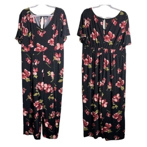 YOINS Size 1X Black Pink Floral Long Slit Leg Short Sleeve Flowy Summer Jumpsuit - Picture 1 of 10